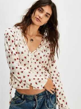 Free People Cream Floral Lace-Trim Blouse with Red Rose Print